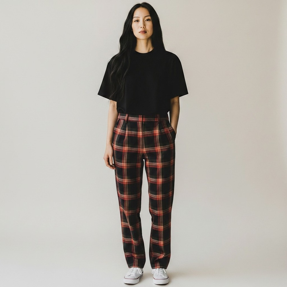 Cartonnier Anthropologie Plaid Ankle Zip Trousers Red Navy Size 2 Tapered Pants - Picture 9 of 16